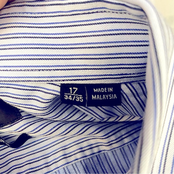 Boss Hugo Boss Mens Sharp Fit Blue Pinstripe Button Front Dress Shirt 17L 34/35 - Picture 15 of 15